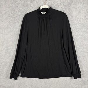 Boden Connie Jersey Top Size 10 Black Smocked Cuff Mock Neck Blouson Long Sleeve